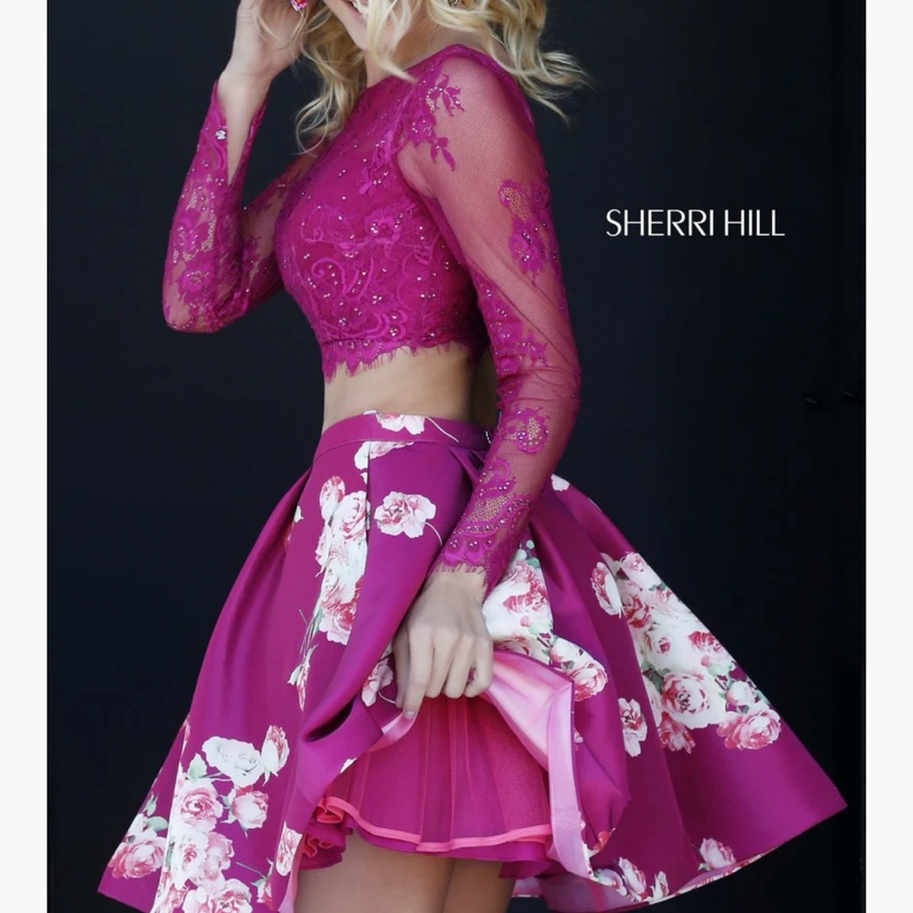 Sherri Hill Two Piece Formal Prom Special Occasion Hoco Plum Pink Floral Lace